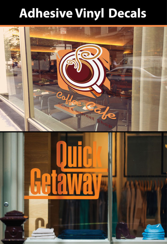 orange Adhesive vinyl decal for a coffee cafe on a window and an orange logo that says Quick Getaway on a window